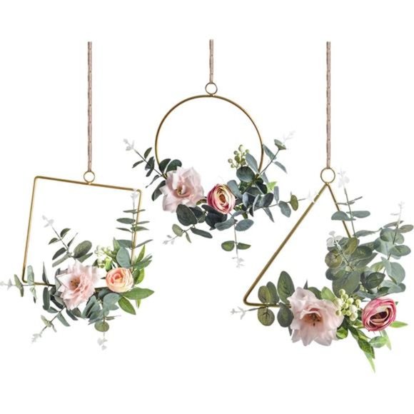 Floral Hoop Wreath Set of 3 Artificial Flower Hanging Wall, Clematis w/ Tea Rose